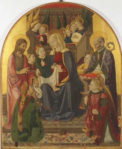 Madonna und Kind auf dem Thron mit Engeln und Heiligen, ca. 1440er von Girolamo di Giovanni di Camerino